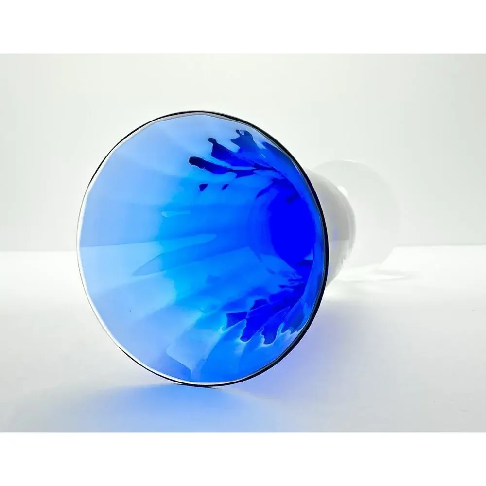 Contemporary Large Optic Footed Trumpet Flared Cobalt Blue Glass Vase 11”